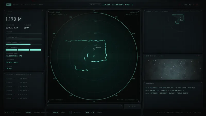 The first ping: rock returns glowing on the sonar display in the dark trench