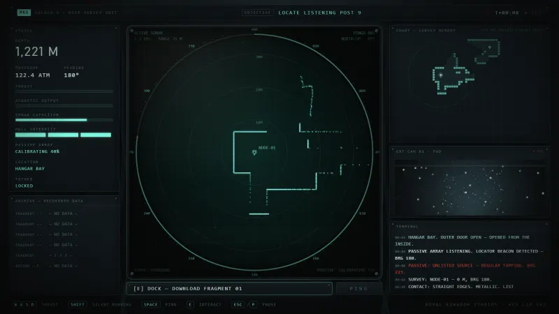 Node 01: straight metal edges appear on sonar as the terminal reports a metallic contact