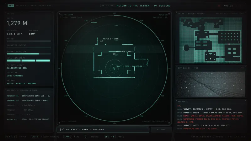 The core chamber on sonar, with the terminal warning that something has left the shaft